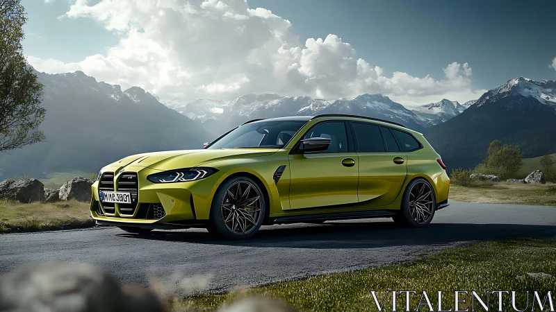 Lime green performance wagon rendered in alpine photoreal detail