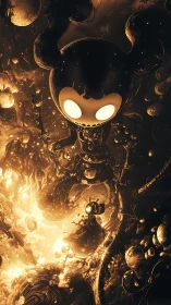 Cosmic skull-headed figure descends through molten nebula.