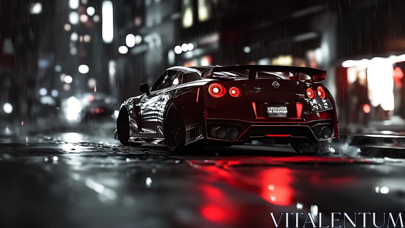 Red sports car on wet city street at night in rain period.