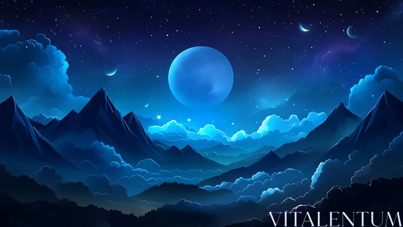 Lunar triad above stratified alpine cloud valleys at night.