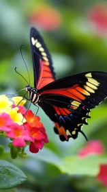 Butterfly rests on red and yellow flowers in sharp close-up