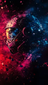 Astronaut helmet disintegrates into neon debris under dual-color light