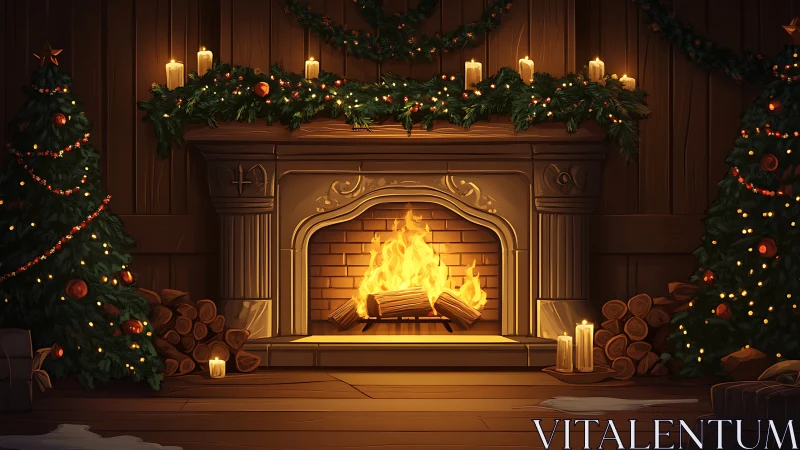 Warm Christmas fireplace scene rendered in detailed digital art