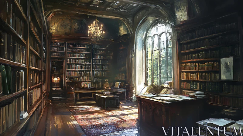 Sunlit gothic library interior shows richly detailed shelves