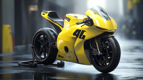 Yellow racing superbike showcases aerodynamic carbon body.