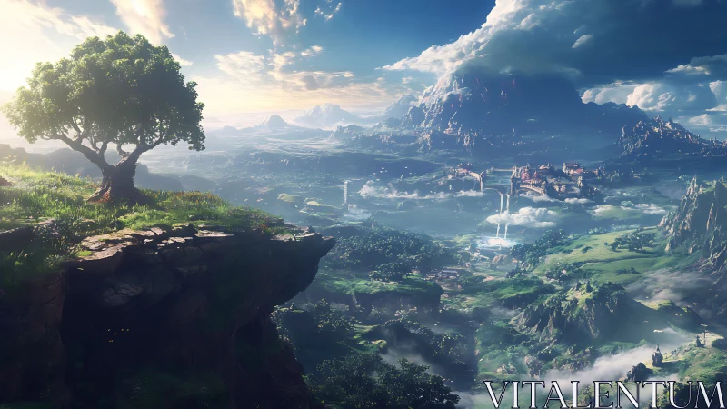 Lone cliffside tree overlooking expansive fantasy valley.