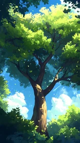 Massive Tree Under Blue Sky with Sunlit Green Canopy
