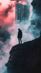 Lone figure over misty canyon facing monolithic tower.