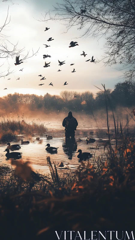 Backlit waterfowl observer in misty dawn wetland shallows