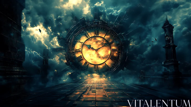 Colossal glowing clock floats over stormy stone causeway