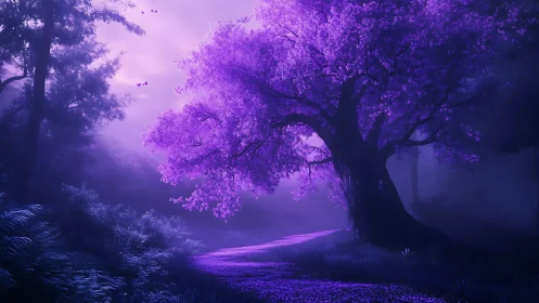 Luminous violet tree dominates misty twilight forest path