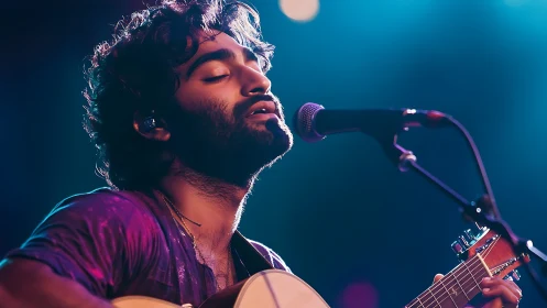 Male guitarist sings into stage microphone under teal lights