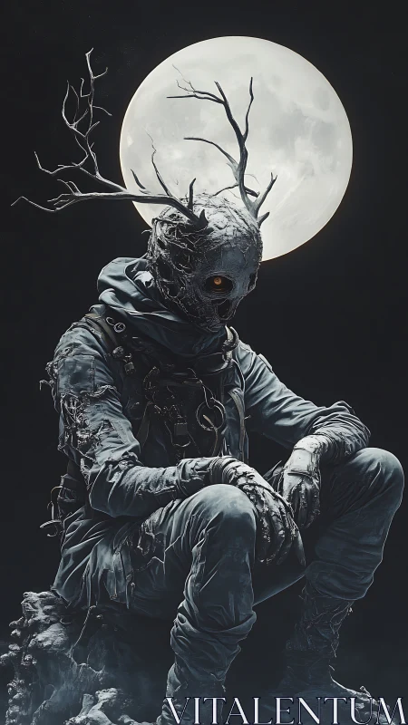 Tree-limbed humanoid in tactical gear sits beneath full moon