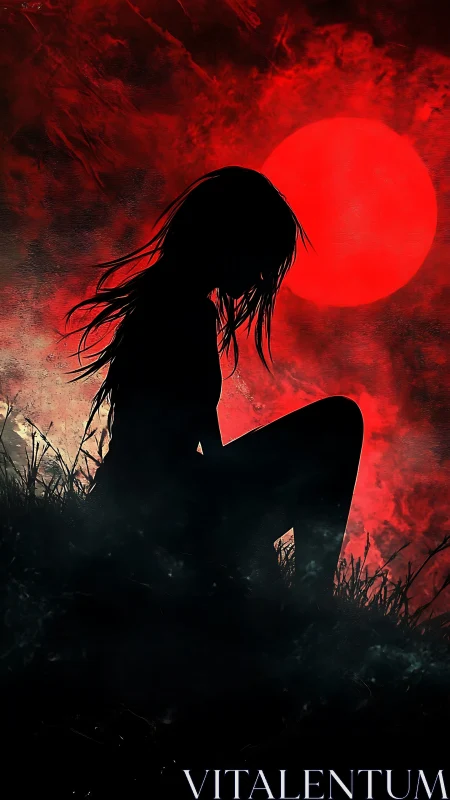 Silhouetted figure sits in grass before large red moon