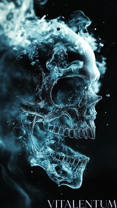 Liquid ghost skull in swirling blue smoke and shadowed light.