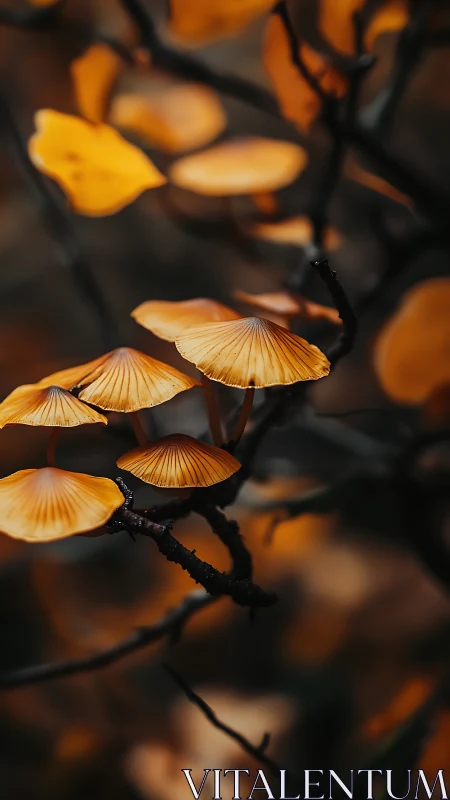 Cluster of orange mushrooms grows on dark woodland branches