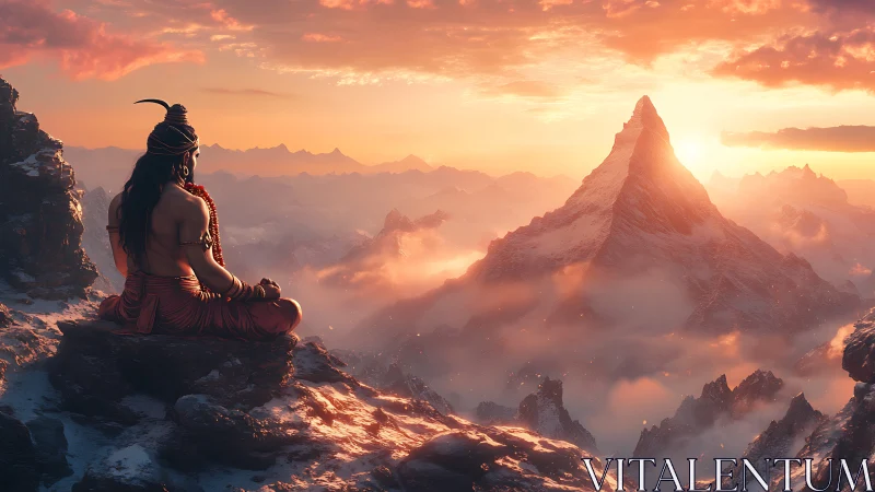 Meditating figure overlooks sunlit snow mountain peak