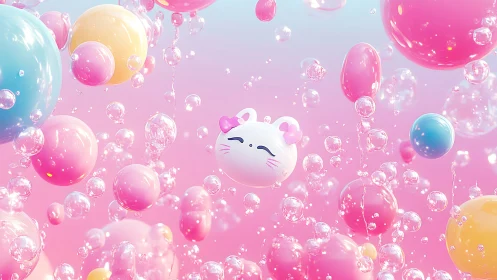 Kawaii cat balloon drifts amid pastel bubbles and orbs.