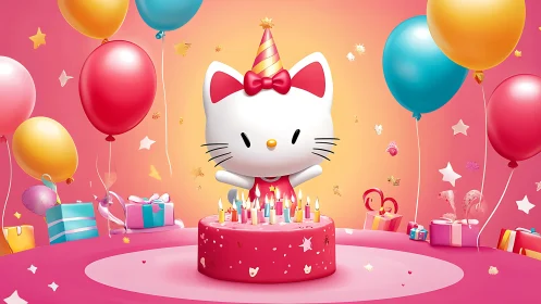 Hello Kitty 3D Character Composition with Procedurally Generated Birthday Celebration Environment