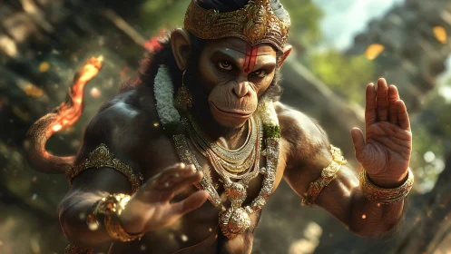 Mythic warrior monkey in ornate gold regalia, 3D render.