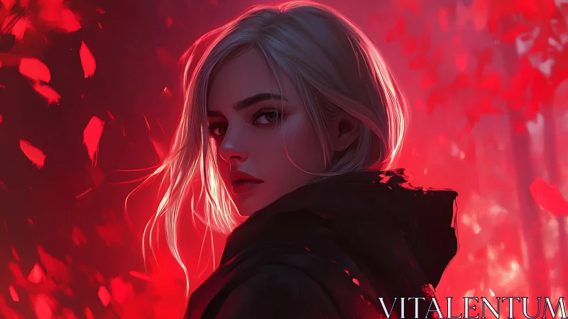 Silver-haired figure in crimson forest with cinematic rim light.