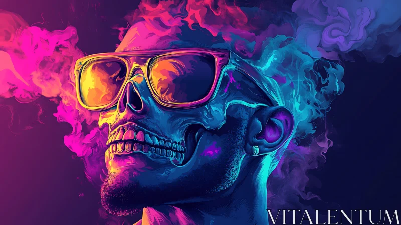 Neon skull in cool sunglasses glowing with electric color.