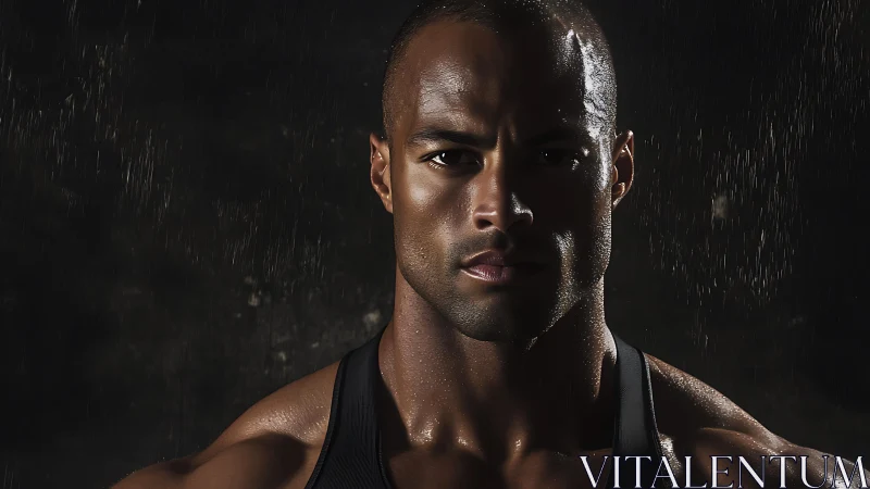 Low key athletic portrait with water droplets and rim lighting