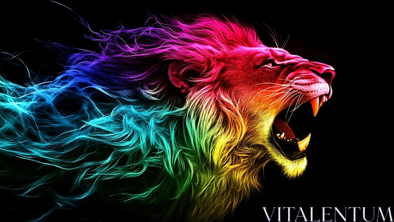 Roaring neon lion ignites the dark with swirling rainbow fire