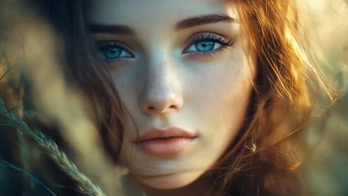 Close frontal portrait of blue-eyed person outdoors.