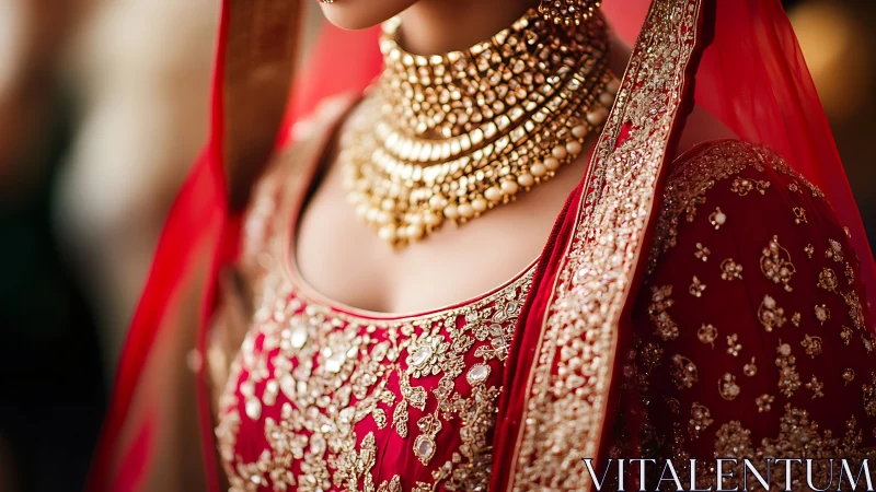 Close-up of ornate red bridal lehenga and jewelry.