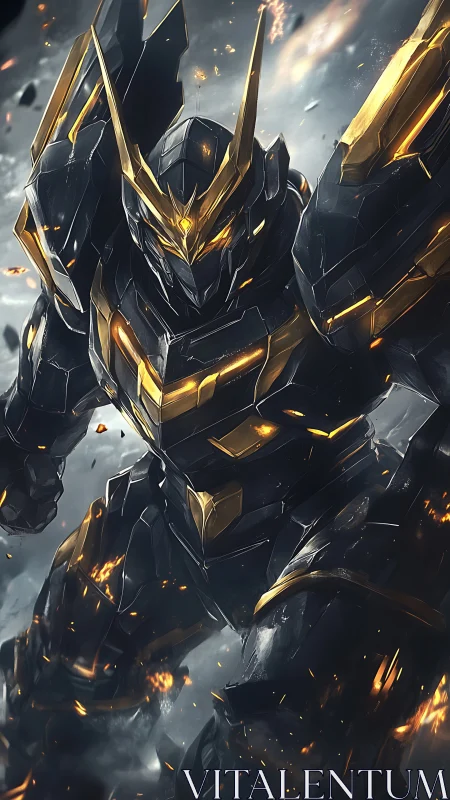 Black and gold armored mecha warrior in explosive battle