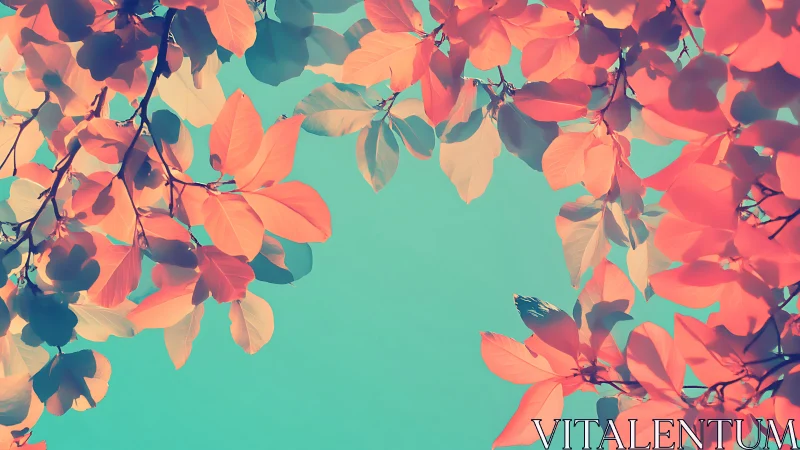 Soft pastel leaves against blue sky in dreamy vintage style.