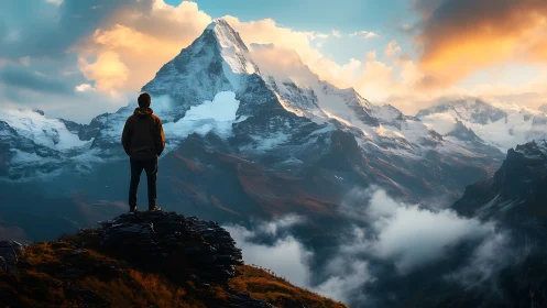Solitary observer on alpine ridge facing glaciated peak at dusk.