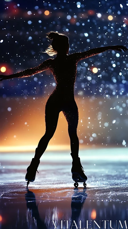 Silhouetted figure skater on illuminated ice surface at night.
