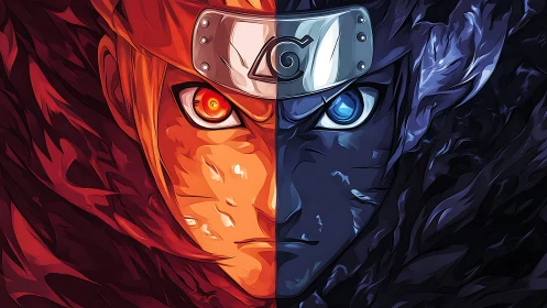 Split-face anime portrait contrasts warm and cool tonal halves