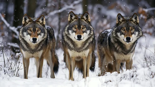 Triad of gray wolves in focused winter frontal stance.