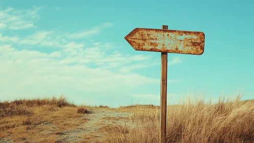 Rusted roadside arrow signpost beside dry grass trail