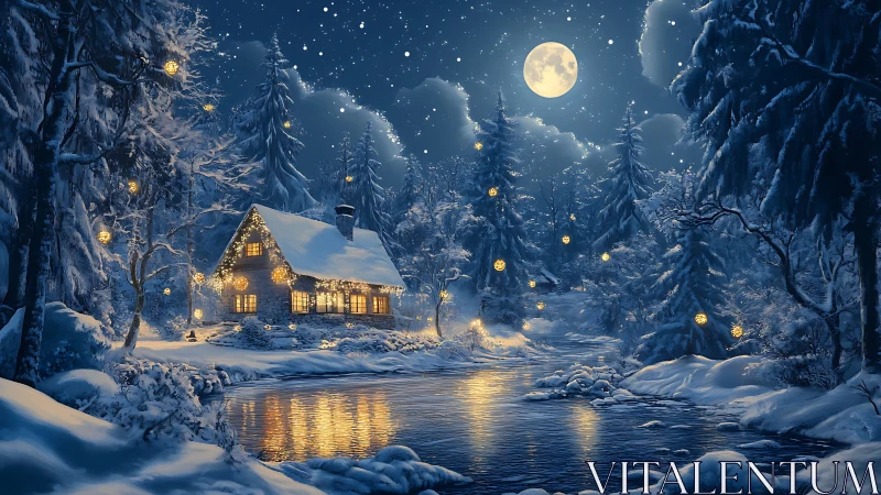 Snow-covered forest cabin beside reflective winter river.