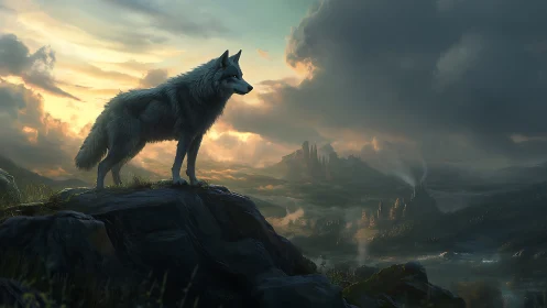 Lone grey wolf surveys misted valley in cinematic backlight