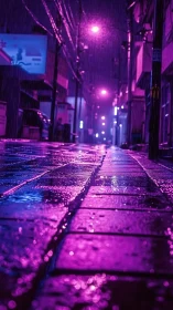 Neon city alley glows on rain soaked pavement at night.