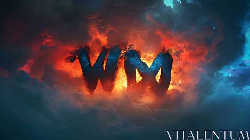 Flaming WM monogram erupts through stormlit cosmic clouds.