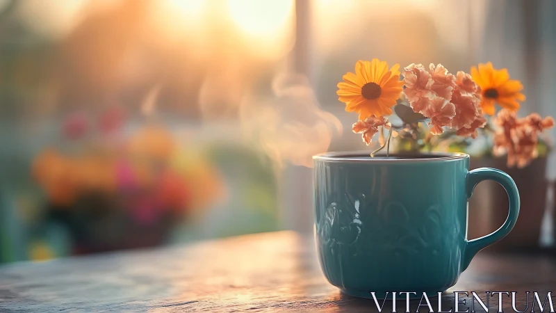 Teal ceramic mug with steam and flowers on wooden table.