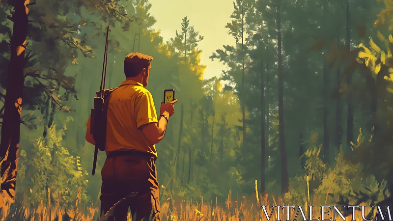 Man with rifle and phone stands in dense sunlit forest