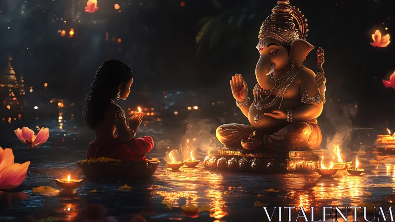 Lotus-lit river gathers a child and Ganesha in glowing prayer