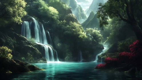 Luminous waterfalls pour into a tranquil emerald forest pool