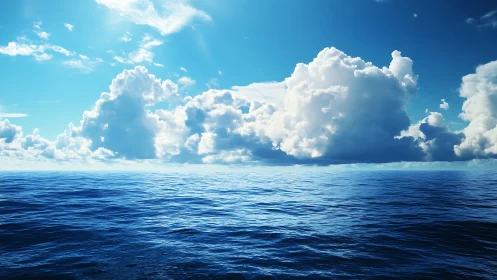 Open ocean horizon under cumulus cloud formations at noon.