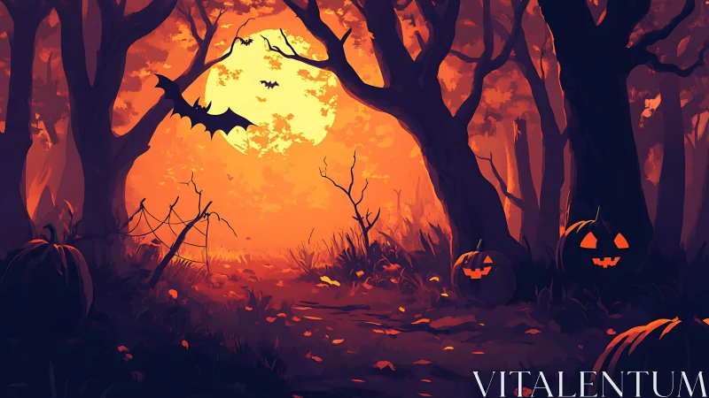 Halloween forest path under full moon with glowing pumpkins.