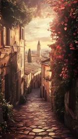 Golden hour cobblestone alley with floral facades and bell tower