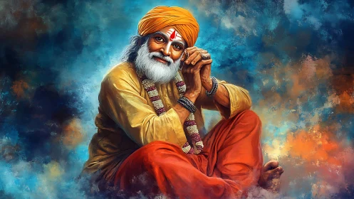 Seated elder in orange garments is rendered against abstract background
