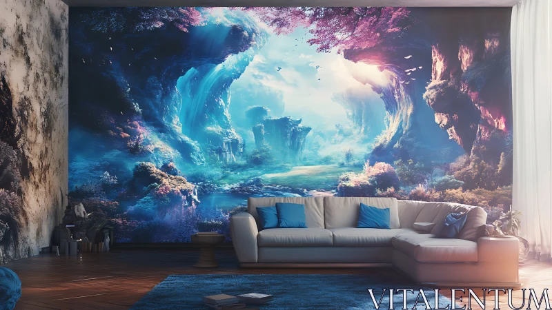 Immersive living room with luminous fantasy wall mural.
